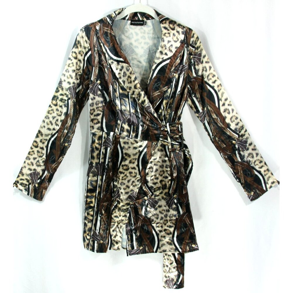 Pretty Little Thing Leopard Stripe Tassels Chain Belted Satin Wrap Mini Dress 4